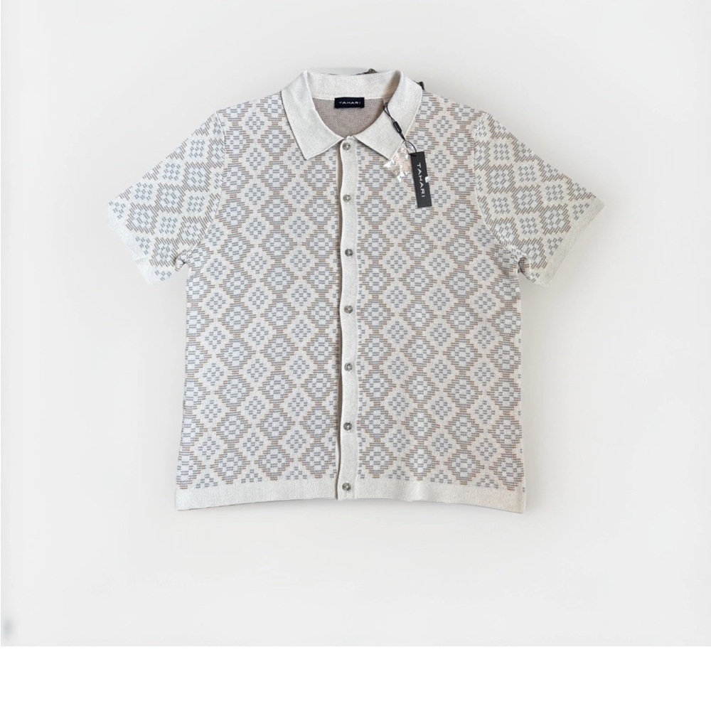 Tahari Men Jacquard Button-Down Sweater Polo Geometric Pattern Size L/G NWT